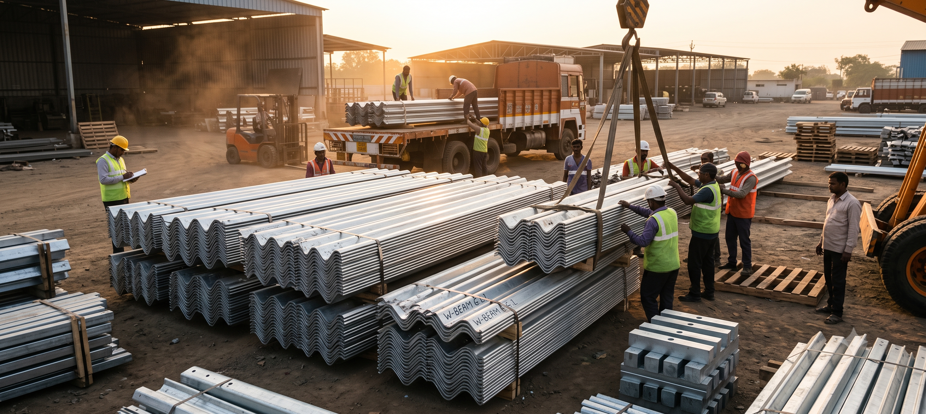 W-Beam Crash Barriers & Highway Guardrails wholesale logistics and trailer dispatch - crashbarriers.in